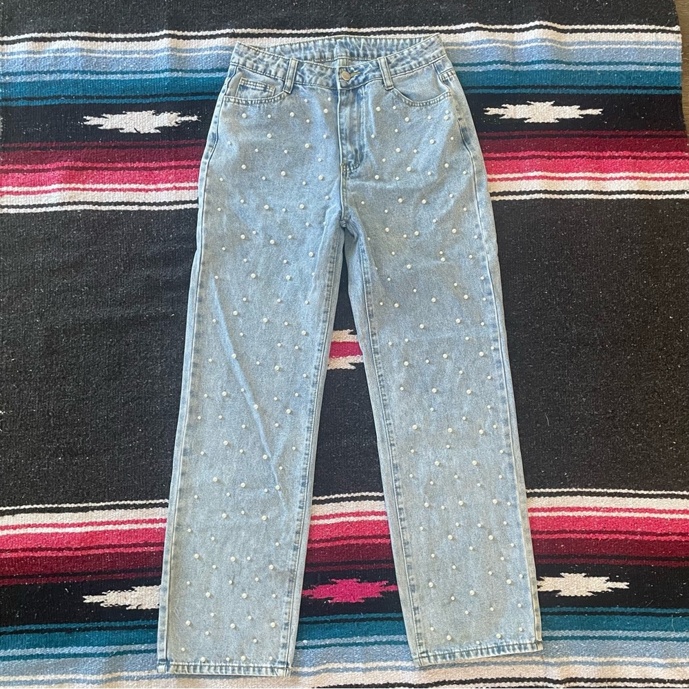 SHEIN Pearls Beaded Flare Light Wash Jeans